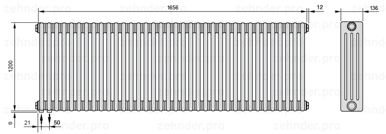 Схема (чертеж) Радиатор Zehnder Charleston 4120/36 №3370 Белый глянцевый RAL 9016